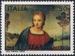 Sellos del Mundo : Europa : Italia : 450 ANIV. DE LA MUERTE DE RAFAEL. DETALLE DE LA MADONNA DEL JILGUERO. Y&T Nº 1044