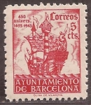 Stamps Spain -  450 Aniversario llegada Colón a Barcelona  1943  5 cents rojo