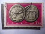 Stamps : Europe : Greece :  Monedas Antiguas - Apolo y Lira- Calcídica, Macedonia- $ Centenario B.C.