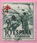 Stamps Spain -  Pro Tuberculosos ( Cruz d´Lorena en rojo)(Niños en la Playa)