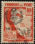 Sellos de America - Per -  Mapa de Perú con las carreteras en los Andes, las de mayor altura en el mundo. 1938 10 centavos. Sob