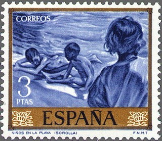 ESPAÑA 1964 1573 Sello Nuevo Pintor Joaquin Sorolla Niños en la Playa