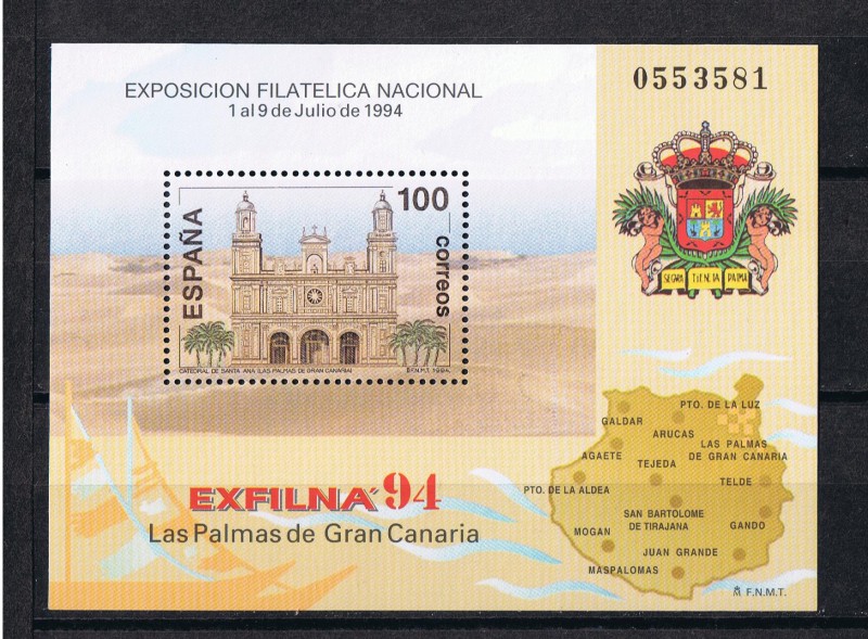 Edifil  3313   Exposición  Filatelica  Nacional  EXFILNA´94    Se completa con un mapa de la isla se