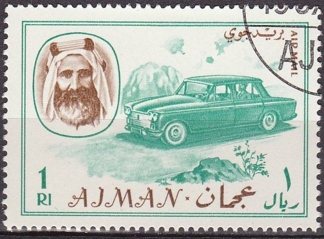 Ajman 1967 Sello Michel 136 Sheik Rashid bin Humaid al Naimi y Coche 1Rl matasellado