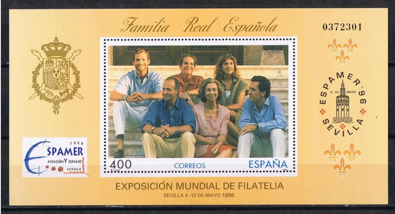 Edifil  3428  ESPAMER¨96  Se completa con el escudo real y tre flores de lis, emblema heráldico de l