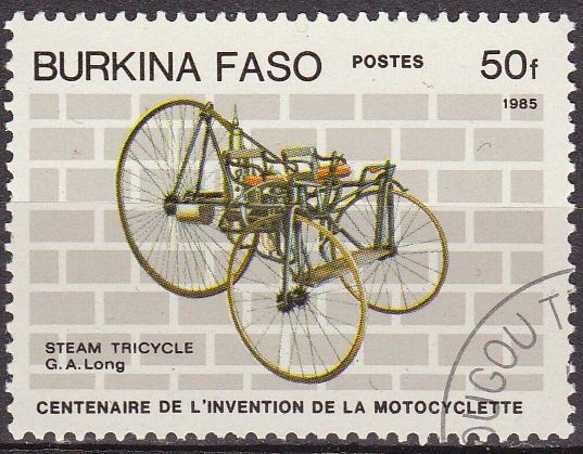 Burkina Faso 1985 Scott 689 Centenario Invención de la Moto Triciclo de vapor G.A. Long Matasello de