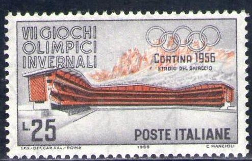 Italia 1956 Scott 707 Sello Nuevo Olimpiadas de Invierno Cortina d'Ampezzo Estadio del Omiaccio 