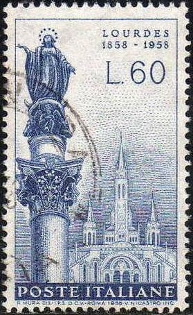 Italia 1958 Scott 740 Sello Estatua Immaculada Concepción en Roma y Basilica de Lourdes 