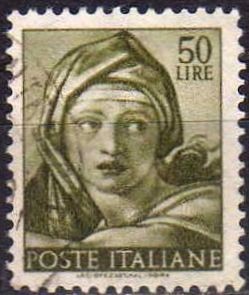 Italia 1961 Scott 821 Sello Dibujos Capilla Sixtina de Michelangelo Delphic Sybil usado 