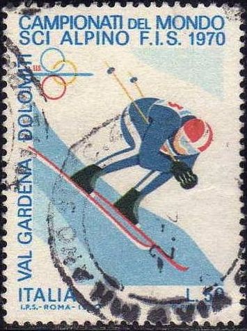 Italia 1970 Scott 1007 Sello Campeonato Mundo Ski Alpino Val Gardena Dolomitas Descenso Usado