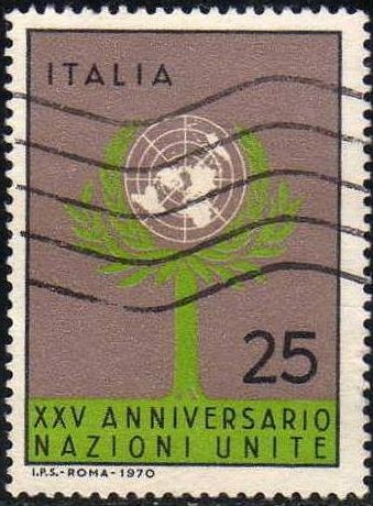 Italia 1970 Scott 1023 Sello XXV Aniversario ONU Arbol y Anagrama usado 25L