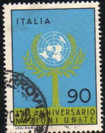 Italia 1970 Scott 1024 Sello XXV Aniversario ONU Arbol y Anagrama usado 90L