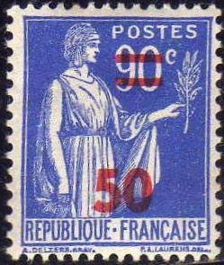 Francia 1941 Scott 406 Sello ** Paz con Ramo Olivo Sobrecargado 50c 90c