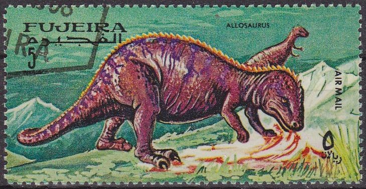 FUJEIRA 1968 Michel 260 Sello Animales Prehistoricos Allosaurus Correo Aereo con matasellos de favor