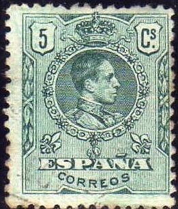 ESPAÑA 1909-22 268 Sello Alfonso XIII 5c Tipo Medallón Usado con numero de control al dorso Espana S