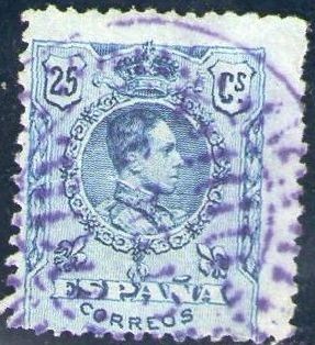 ESPAÑA 1909-22 274 Sello Alfonso XIII 25c Tipo Medallón Usado con numero de control al dorso Espana 