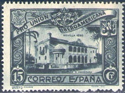 ESPAÑA 1930 570 Sello Nuevo Pro Union Iberoamericana Sevilla Pabellon de la Republica Dominicana 15c