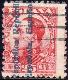 ESPAÑA 1931 598 Sello Alfonso XIII 25c Sobrecargado Republica Española Usado c/nº control dorso Espa