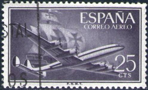 ESPAÑA 1955 1170 Sello Avion Super Constellation y Nao Santa Maria 25c Usado Espana Spain Espagne Sp