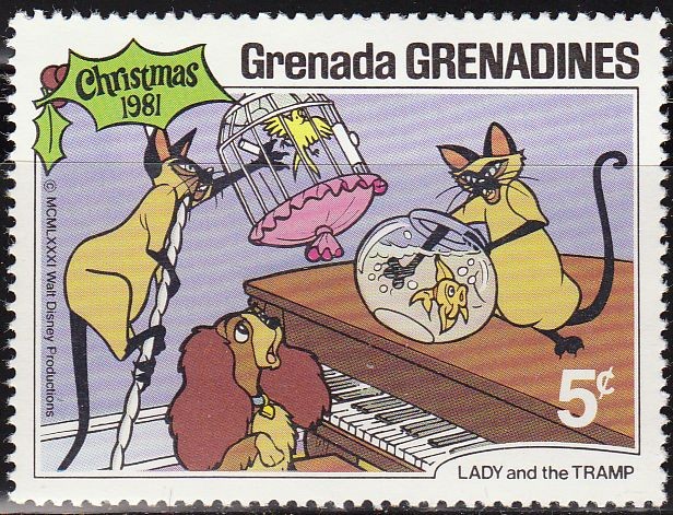 GRENADA GRENADINES 1981 Scott 455 Sello Nuevo Disney Escenas de La Dama y el Vagabundo 5c 