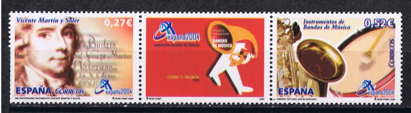 Edifil  MP: 82  Exposición Mundial de Filatelia ESPAÑA 2004. Valencia. Música.  Tríptico. En la viñe