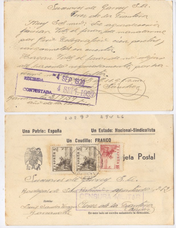 1939 CENSURA MILITAR POSTAL PATRIÓTICA UNA PATRIA... A BODEGAS SAN PATRICIO, GARVEY JEREZ DE LA FRON