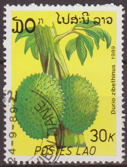 LAOS 1989 Scott 952 Sello Nuevo Frutas Durian Durio Ziberthinus Matasello de favor Preobliterado