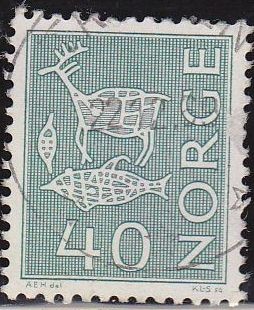 NORUEGA 1962 Scott 423 Sello Pinturas Rupestres usado Norway Norvège Norge 