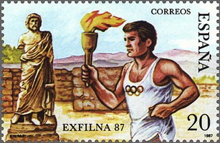 ESPAÑA 1987 2918 Sello Nuevo Exposición Filatélica Nacional EXFILNA 87 Atleta con Antorcha Olimpica