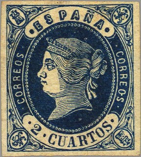 ESPAÑA 1862 57 Sello Nuevo Isabel II sin dentar 2c Azul sobre Amarillo