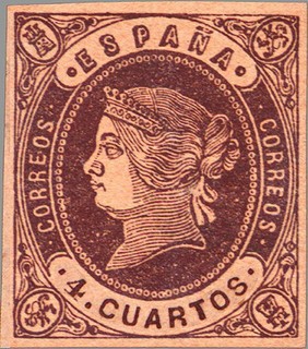 ESPAÑA 1862 58A Sello Nuevo Isabel II Tipo II 4cu Castaño sobre anteado 