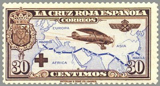 ESPAÑA 1926 344 Sello Nuevo Pro Cruz Roja Española Avión Breguet 19 Vuelo Madrid Manila 30c Castaño 