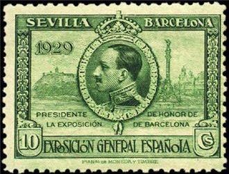 ESPAÑA 1929 437 Sello Nuevo Por Exposiciones de Sevilla y Barcelona nº control dorso Alfonso XIII y 