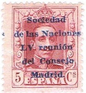 ESPAÑA 1929 457 Sello Nuevo Sociedad Naciones LV Reunión Consejo en Madrid Alfonso XIII Sobrecargado