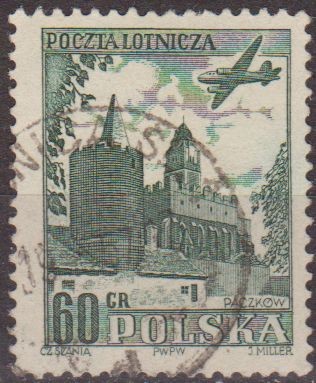 Polonia 1954 Scott C35 Sello Correo Aereo Avion Sobrevolando Castillo Paczkow Luban Usado Polska