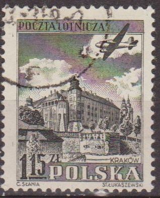 Polonia 1954 Scott C37 Sello Correo Aereo Avion Sobrevolando Castillo Wawel Cracow Usado Polska