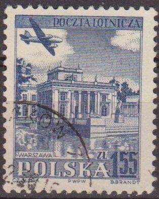 Polonia 1954 Scott C39 Sello Correo Aereo Avion Sobrevolando Plaza Laziersky Varsovia Usado Polska