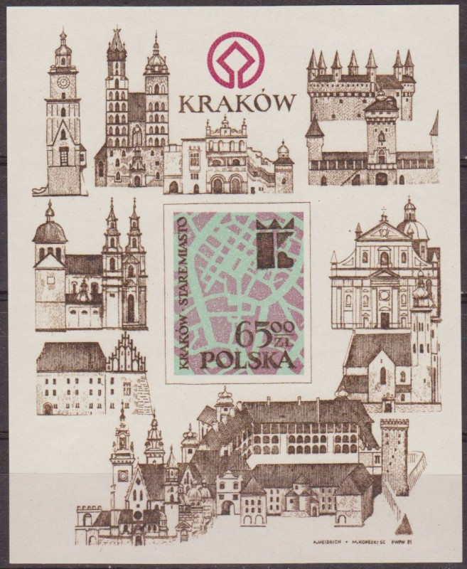 Polonia 1982 Scott 2549 Sello Nuevo HB Mapa de Cracovia Polska Poland Polen Pologne 