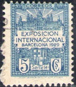 España Barcelona 1929 Edifil 1 Sello Vistas de la Expo y escudo de la ciudad con nº control al dorso