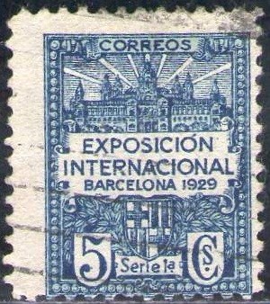 España Barcelona 1929 Edifil 1 Sello Vistas de la Expo y escudo de la ciudad con nº control al dorso