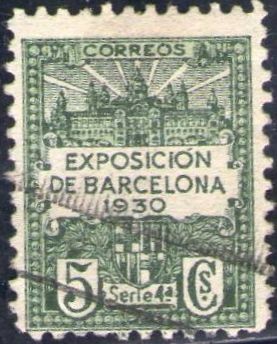 España Barcelona 1929 Edifil 4 Sello Vistas de la Expo y escudo de la ciudad con nº control al dorso