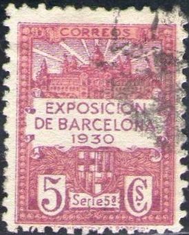 España Barcelona 1929 Edifil 5 Sello Vistas de la Expo y escudo de la ciudad con nº control al dorso