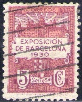 España Barcelona 1929 Edifil 5 Sello Vistas de la Expo y escudo de la ciudad con nº control al dorso