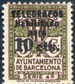 España Barcelona 1936 Edifil 12 Sello ** Habilitado Telegrafos Escudo de Barcelona con nº control al