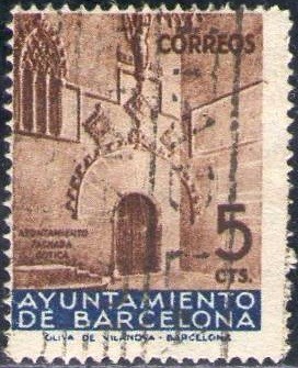 España Barcelona 1938 Edifil 13 Sello Puerta Gotica del Ayuntamiento con nº control al dorso Usado 