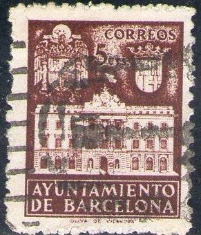 España Barcelona 1942 Edifil 37 Sello Fachada del Ayuntamiento con nº control al dorso Usado