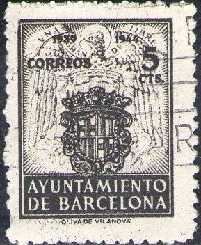 España Barcelona 1943 Edifil 58 Sello Escudos Nacional y de la ciudad con nº control al dorso Usado 