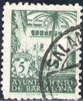 España Barcelona 1945 Edifil 67 Sello Casa del Arcediano con nº control al dorso Usado 