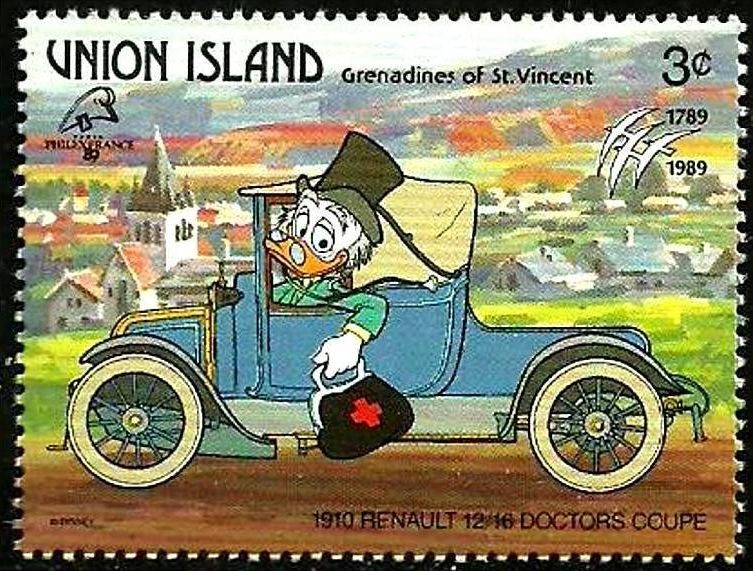 UNION ISLAND (St.Vincent) 1989 Scott 243 Sello ** Walt Disney Coches Antiguos Donald y Renault 12/1