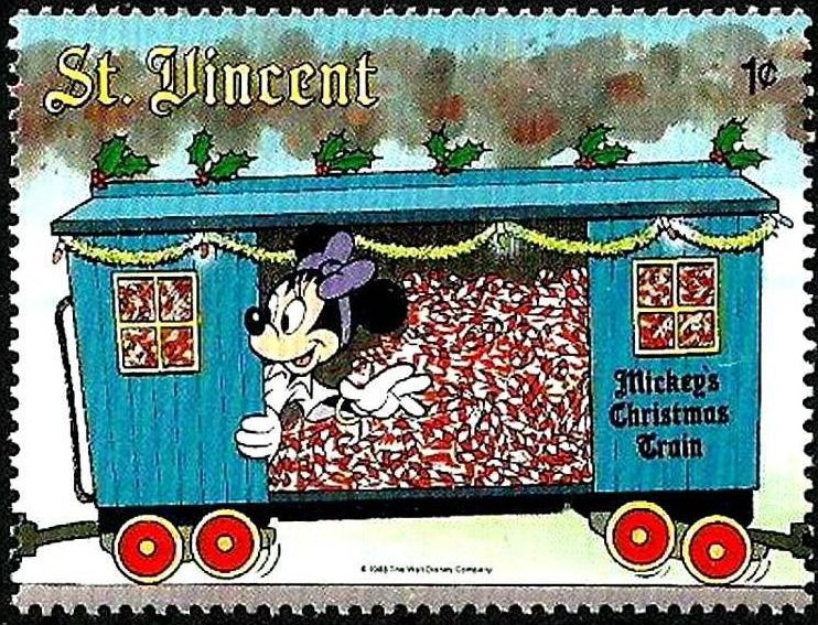 San Vicente 1988 Scott 1121 Sello ** Walt Disney El Tren de Navidad de Mickey Minnie in Freight Car 